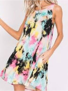 Hemish USA Wms Stretch Tye Dye Tank Sleeveless Pocket Boho Festival Mini Dress L
